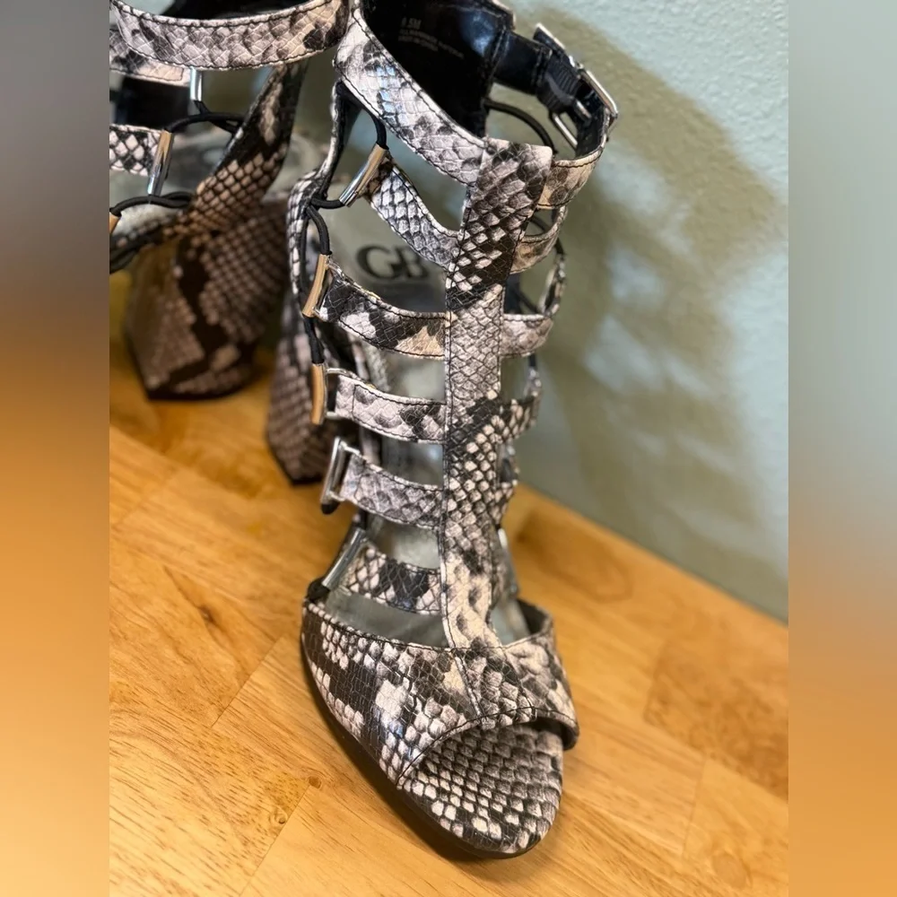 Gianni Bini Black & White Snake-Print Strappy Block Heels